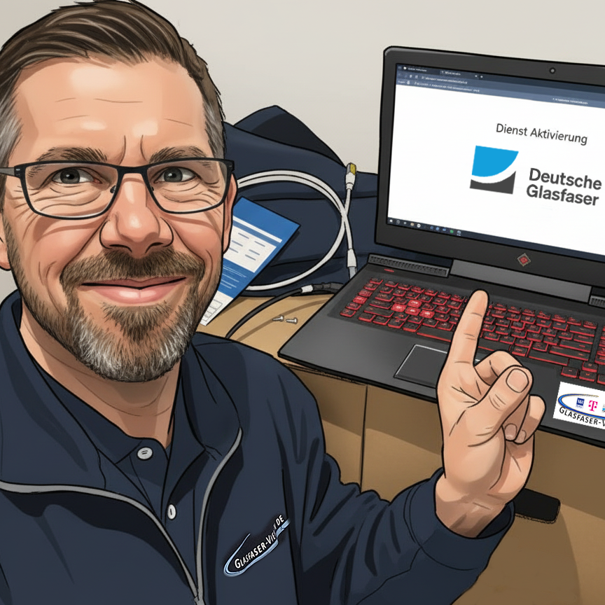 Andreas Bongartz im Einsatz Mann zeigt auf einen Laptop mit dem Logo von Deutsche Glasfaser.